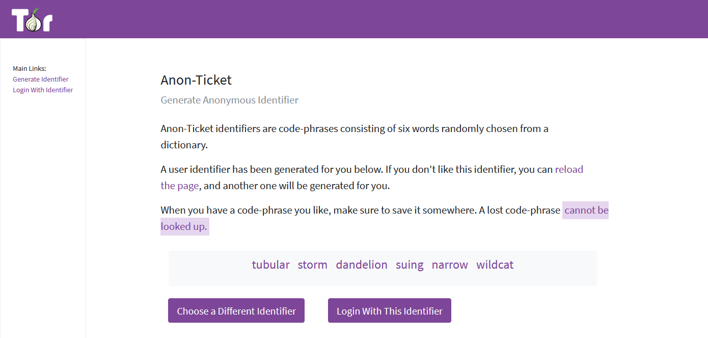 An example of the code phrase creation screen. A purple bar with the Tor Logo at the top, followed by instructions to create a code phrase. At the bottom is a list of six random words in purple.